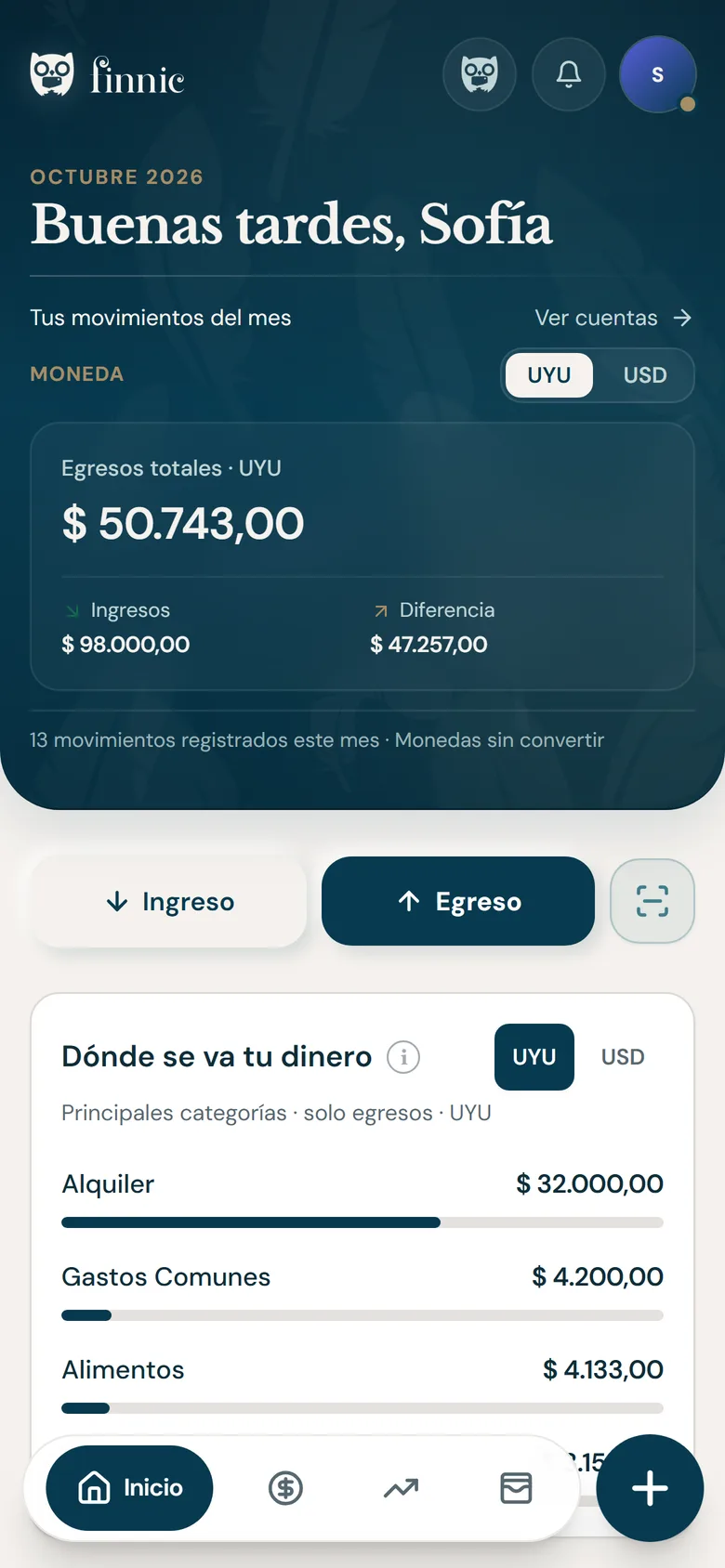 Inicio de Finnic en el celular con el resumen del mes