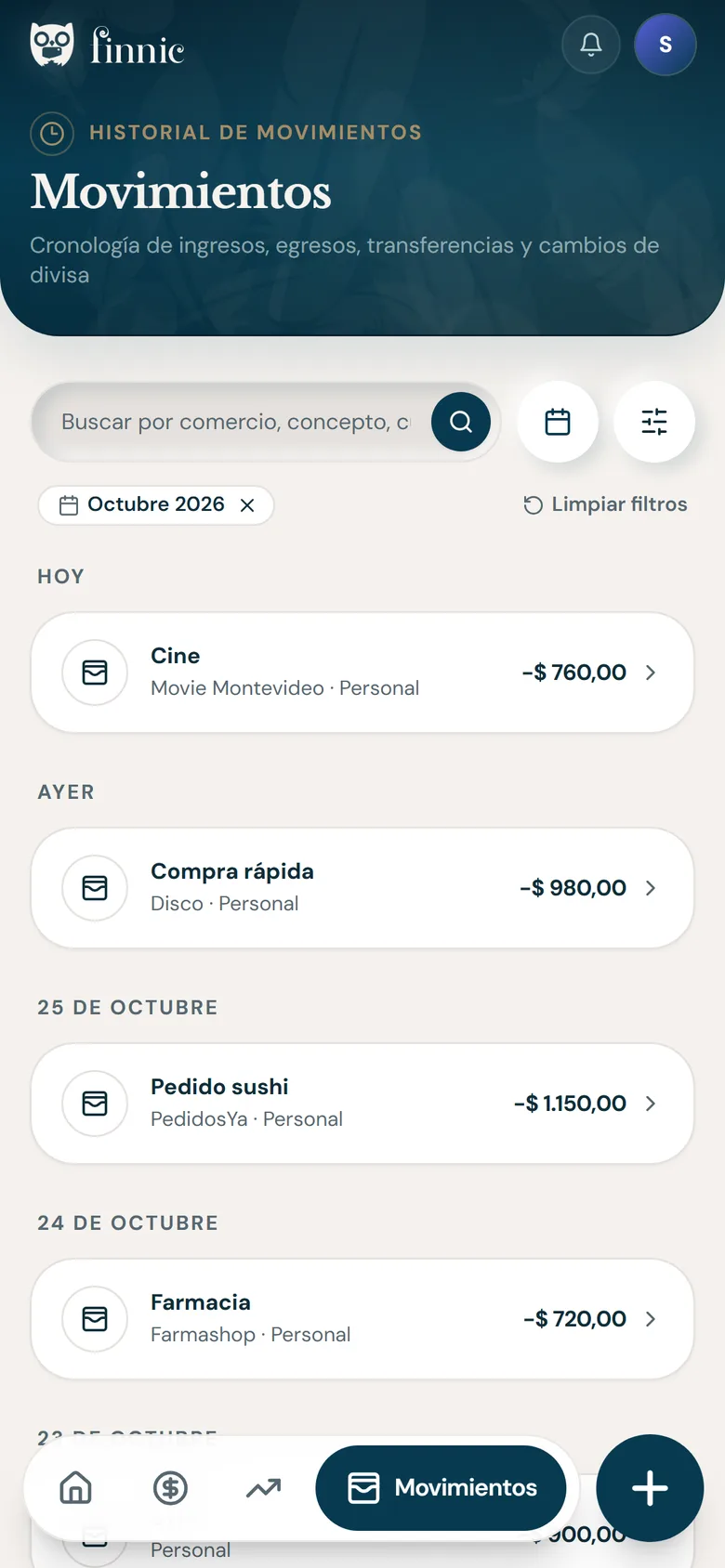 Historial de movimientos en el celular, agrupado por día